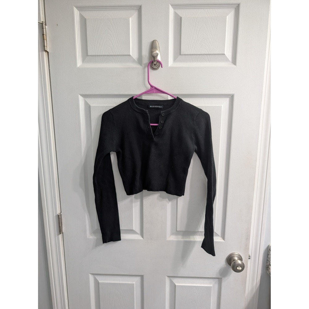Brandy Melville Black Ribbed Button Up Long Sleeve Crop Top Women One Size
